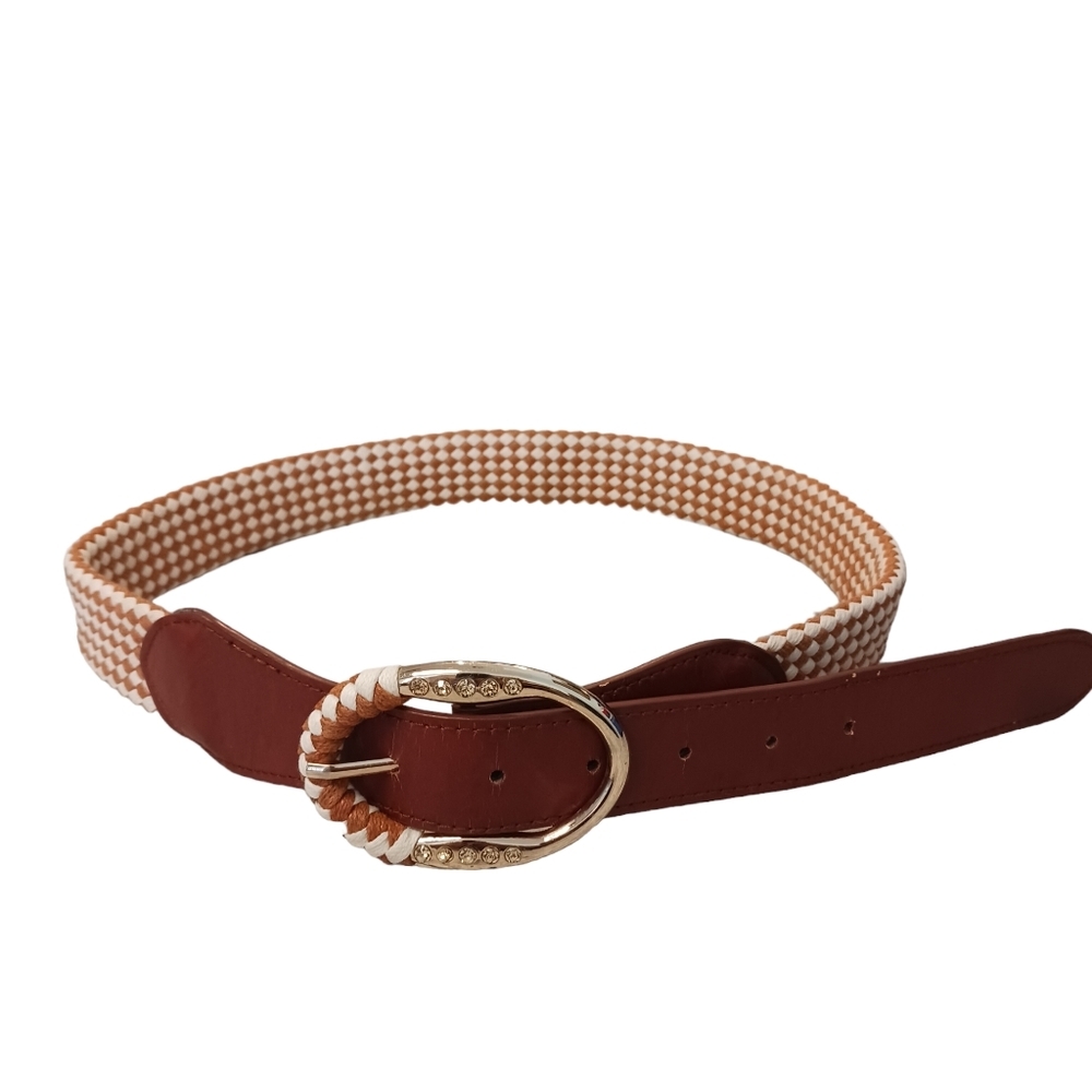 Size S/M Womens Woven Belt Brown Rhinestones NWOT Boho White